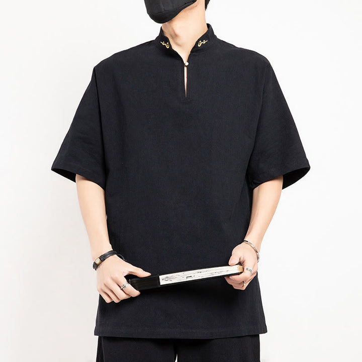 Buddha Stones中国唐装 刺繍 半袖シャツ リネン メンズ服