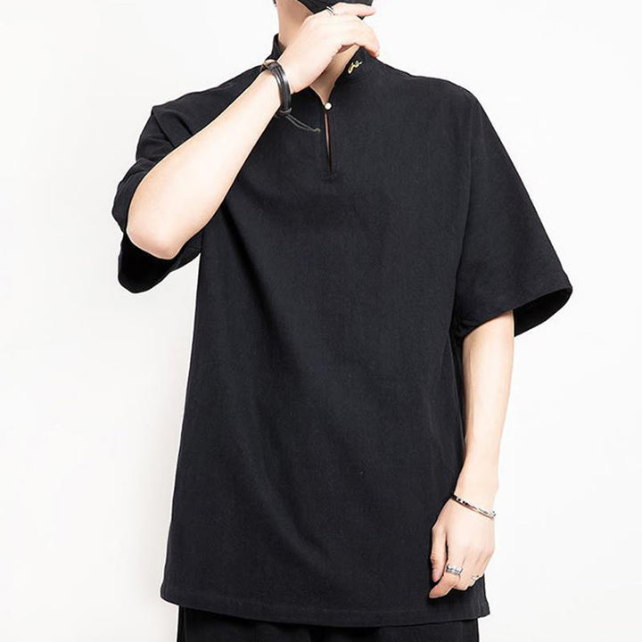 Buddha Stones中国唐装 刺繍 半袖シャツ リネン メンズ服