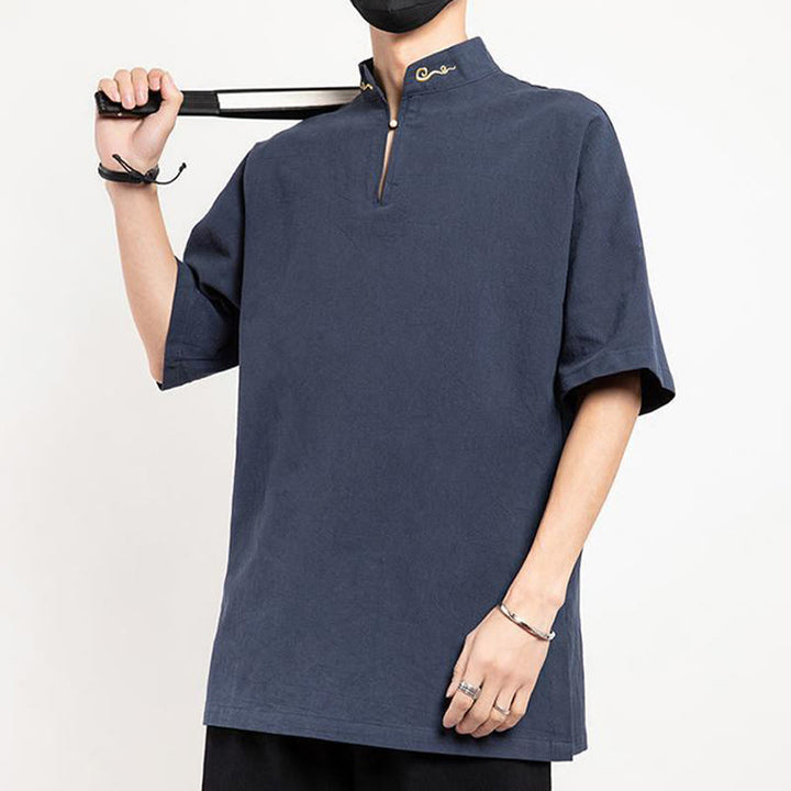 Buddha Stones中国唐装 刺繍 半袖シャツ リネン メンズ服