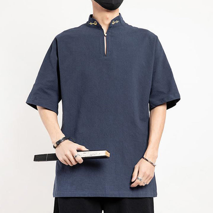 Buddha Stones中国唐装 刺繍 半袖シャツ リネン メンズ服