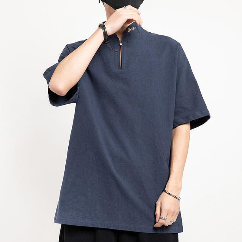 Buddha Stones中国唐装 刺繍 半袖シャツ リネン メンズ服