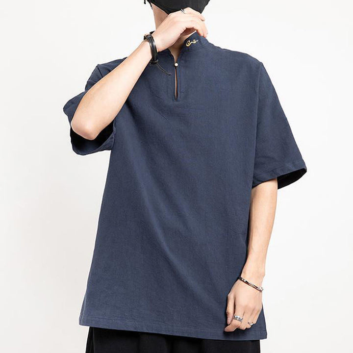 Buddha Stones中国唐装 刺繍 半袖シャツ リネン メンズ服