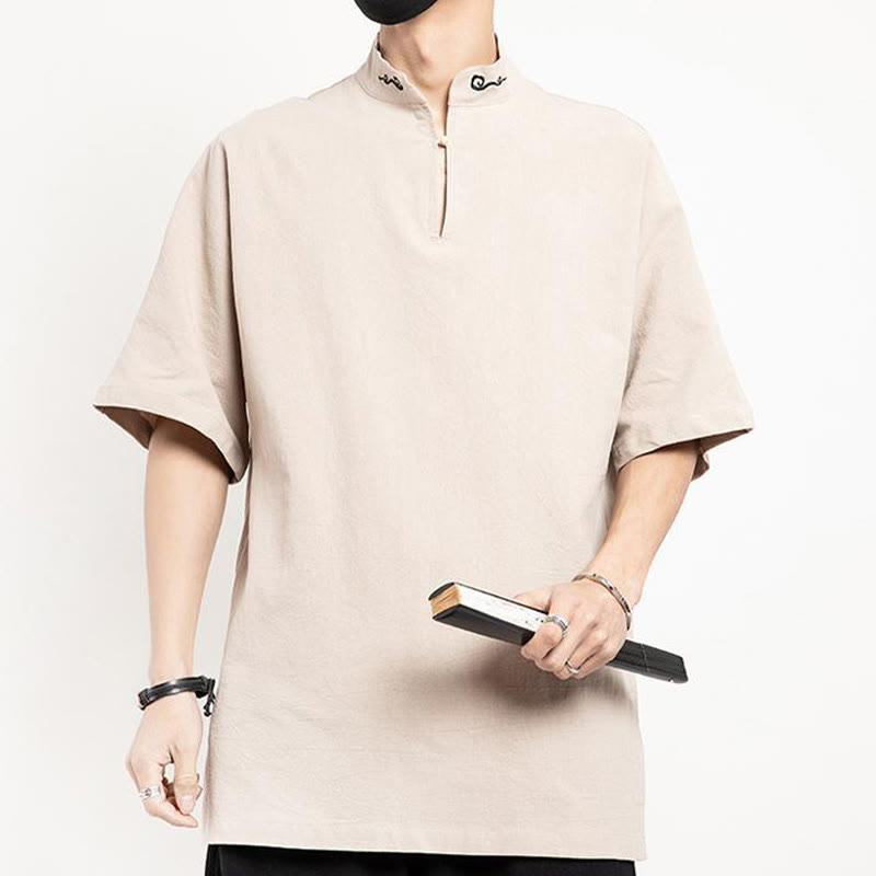 Buddha Stones中国唐装 刺繍 半袖シャツ リネン メンズ服