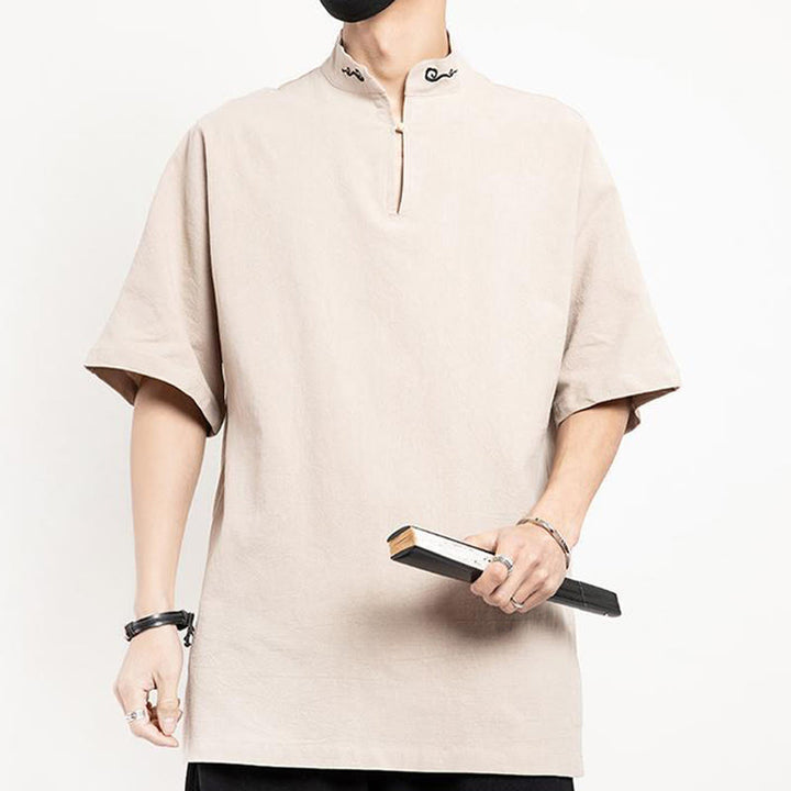 Buddha Stones中国唐装 刺繍 半袖シャツ リネン メンズ服