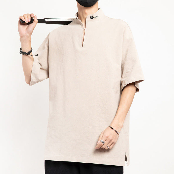 Buddha Stones中国唐装 刺繍 半袖シャツ リネン メンズ服