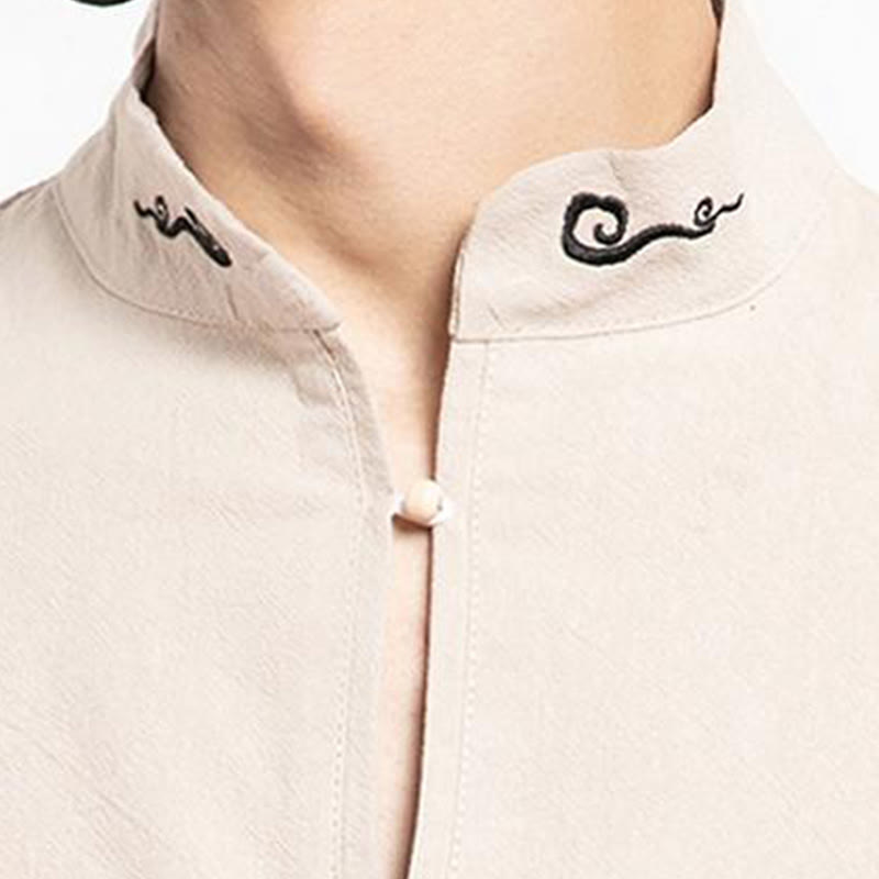 Buddha Stones中国唐装 刺繍 半袖シャツ リネン メンズ服