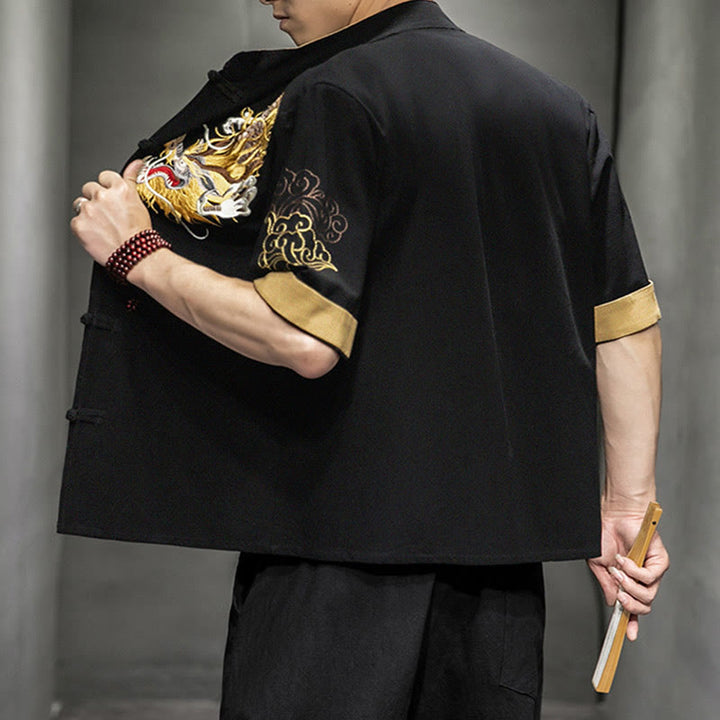 Buddha Stonesカエルボタン 中国龍 吉兆 雲 刺繍 半袖シャツ コットンリネン メンズ 服 - image 2