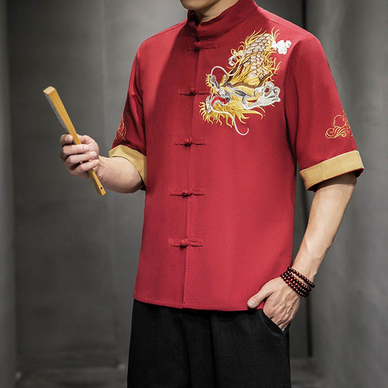 Buddha Stonesカエルボタン 中国龍 吉兆 雲 刺繍 半袖シャツ コットンリネン メンズ 服 - image 16