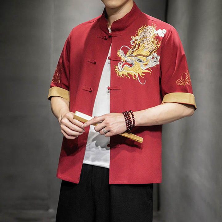 Buddha Stonesカエルボタン 中国龍 吉兆 雲 刺繍 半袖シャツ コットンリネン メンズ 服 - image 19