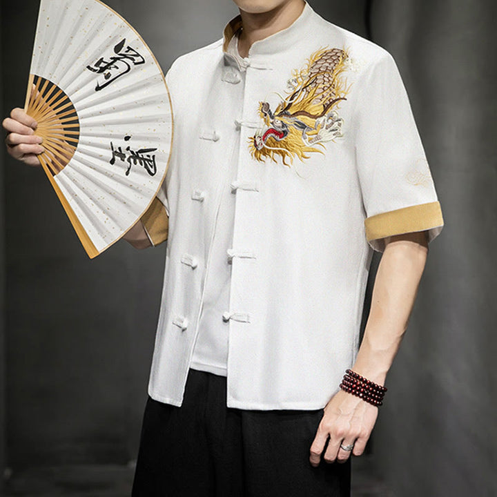 Buddha Stonesカエルボタン 中国龍 吉兆 雲 刺繍 半袖シャツ コットンリネン メンズ 服 - image 21