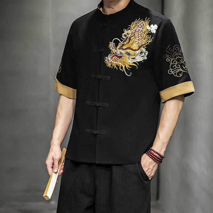 Buddha Stonesカエルボタン 中国龍 吉兆 雲 刺繍 半袖シャツ コットンリネン メンズ 服 - image 6