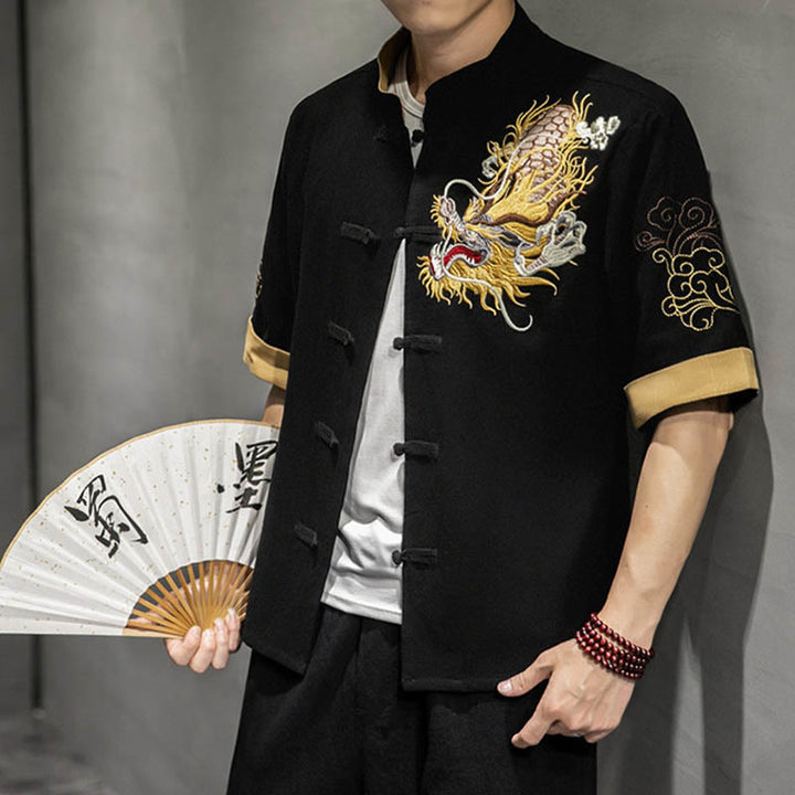 Buddha Stonesカエルボタン 中国龍 吉兆 雲 刺繍 半袖シャツ コットンリネン メンズ 服 - 黒 - US/UK/AU44、EU54 (5XL)  - image 0