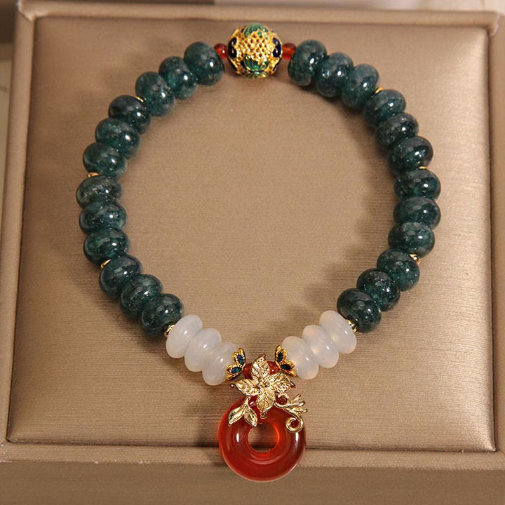 Buddha Stones翡翠 白瑪瑙 赤瑪瑙 平和バックル そろばんビーズ 幸運ブレスレット