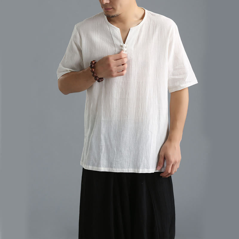 Buddha Stonesメンズ 無地 Vネック ボタン 半袖 コットンリネン シャツ