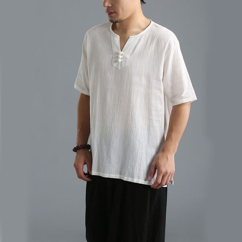 Buddha Stonesメンズ 無地 Vネック ボタン 半袖 コットンリネン シャツ