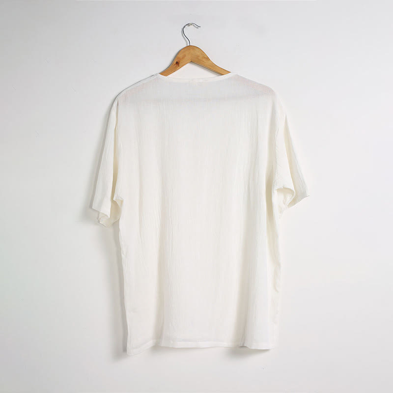 Buddha Stonesメンズ 無地 Vネック ボタン 半袖 コットンリネン シャツ