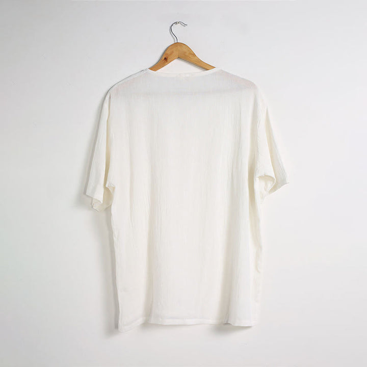 Buddha Stonesメンズ 無地 Vネック ボタン 半袖 コットンリネン シャツ