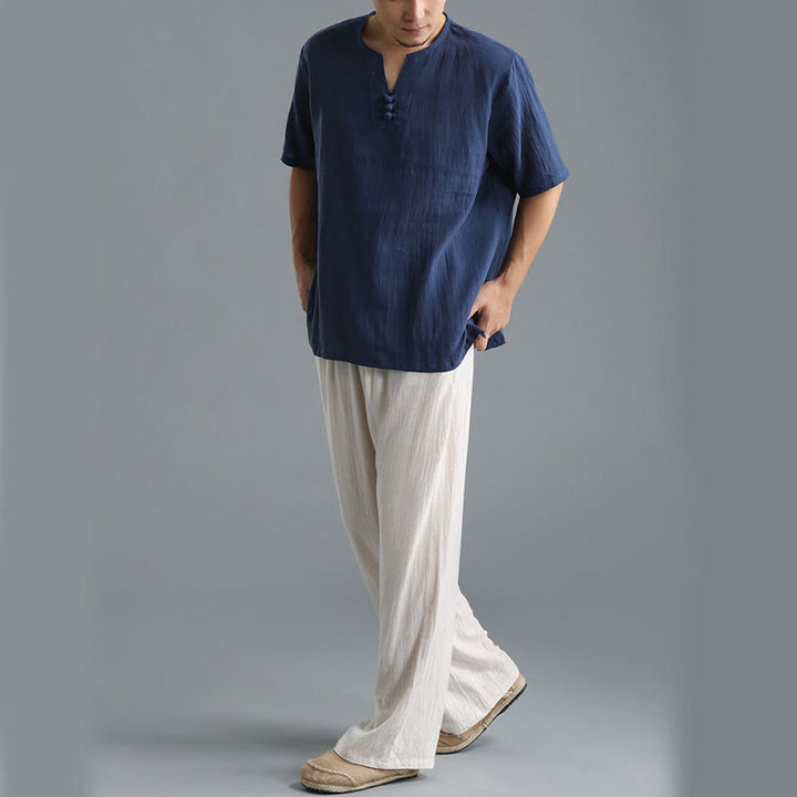 Buddha Stonesメンズ 無地 Vネック ボタン 半袖 コットンリネン シャツ