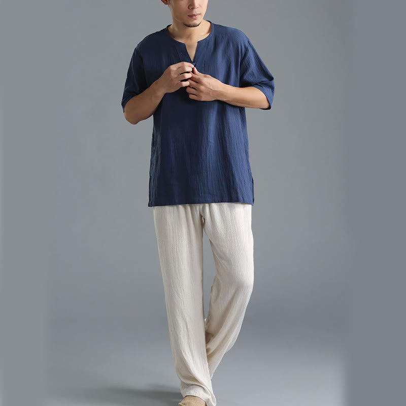 Buddha Stonesメンズ 無地 Vネック ボタン 半袖 コットンリネン シャツ