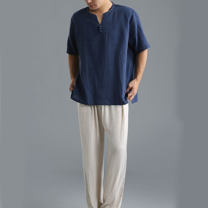 Buddha Stonesメンズ 無地 Vネック ボタン 半袖 コットンリネン シャツ