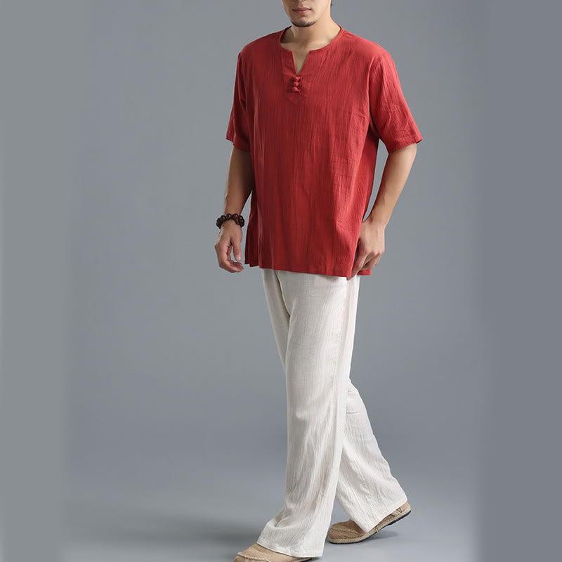 Buddha Stonesメンズ 無地 Vネック ボタン 半袖 コットンリネン シャツ