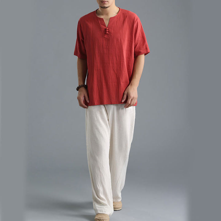 Buddha Stonesメンズ 無地 Vネック ボタン 半袖 コットンリネン シャツ