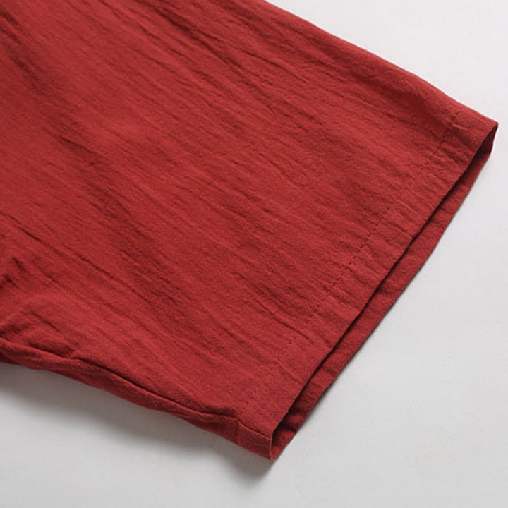 Buddha Stonesメンズ 無地 Vネック ボタン 半袖 コットンリネン シャツ