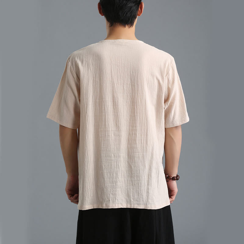 Buddha Stonesメンズ 無地 Vネック ボタン 半袖 コットンリネン シャツ