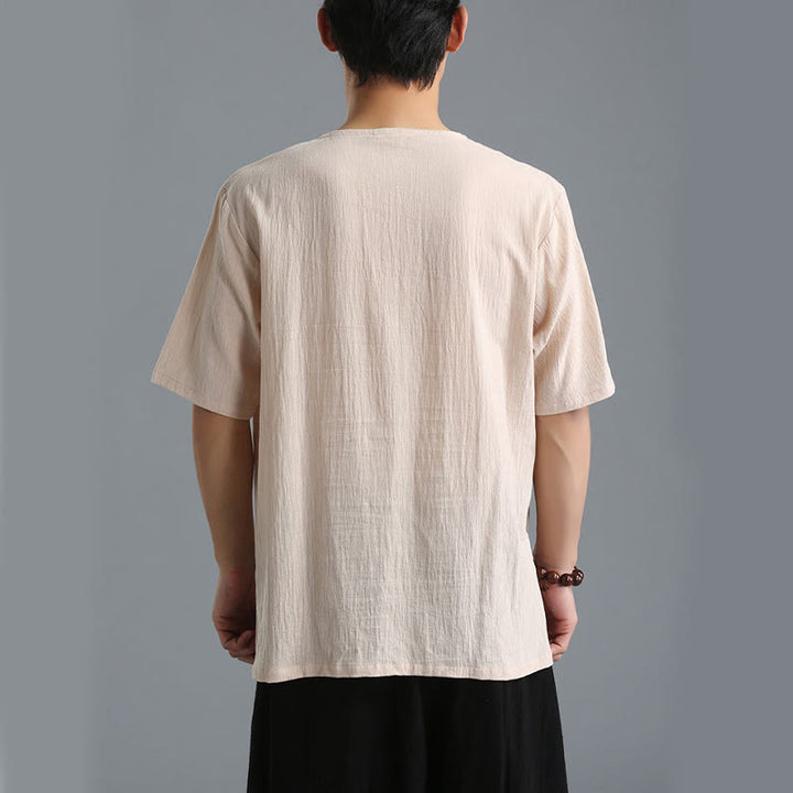 Buddha Stonesメンズ 無地 Vネック ボタン 半袖 コットンリネン シャツ