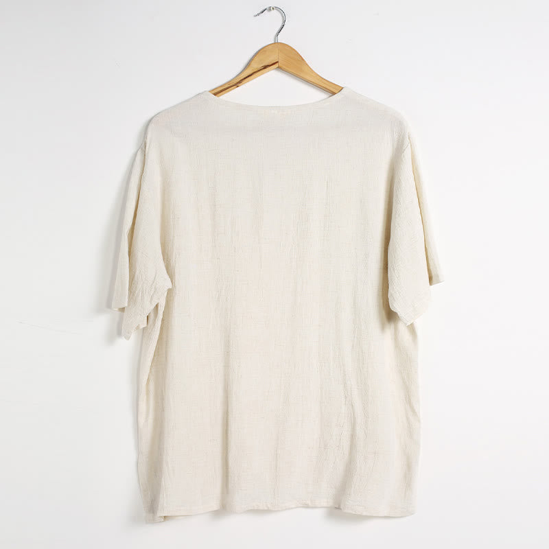 Buddha Stonesメンズ 無地 ラウンドネック 半袖 コットンリネン シャツ