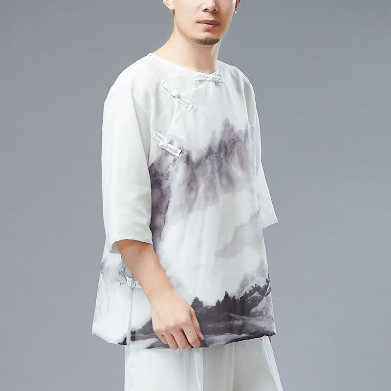 Buddha Stonesメンズ カエルボタン 山水画 半袖シャツ