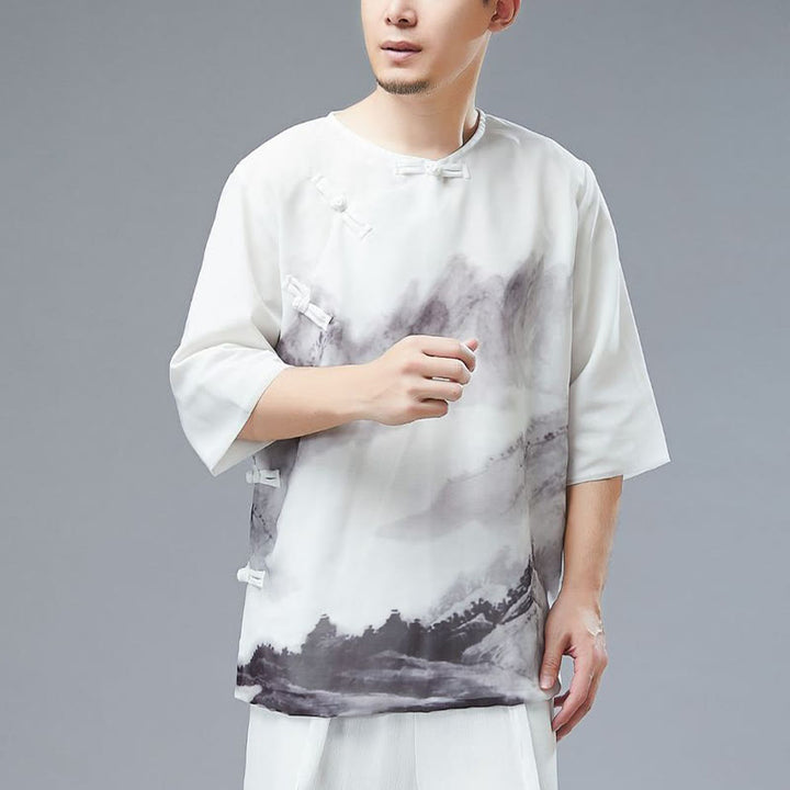 Buddha Stonesメンズ カエルボタン 山水画 半袖シャツ