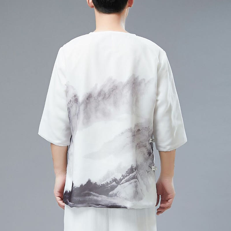 Buddha Stonesメンズ カエルボタン 山水画 半袖シャツ