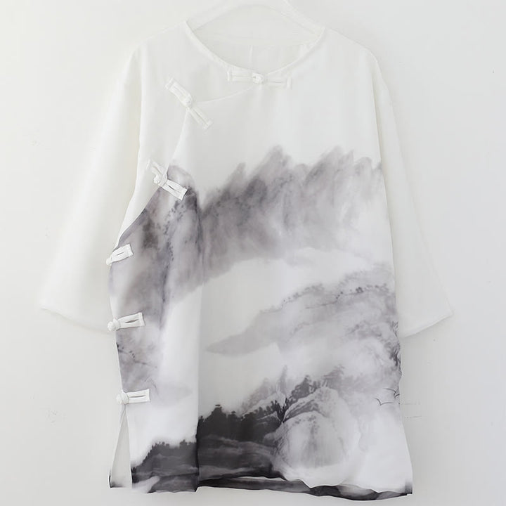 Buddha Stonesメンズ カエルボタン 山水画 半袖シャツ