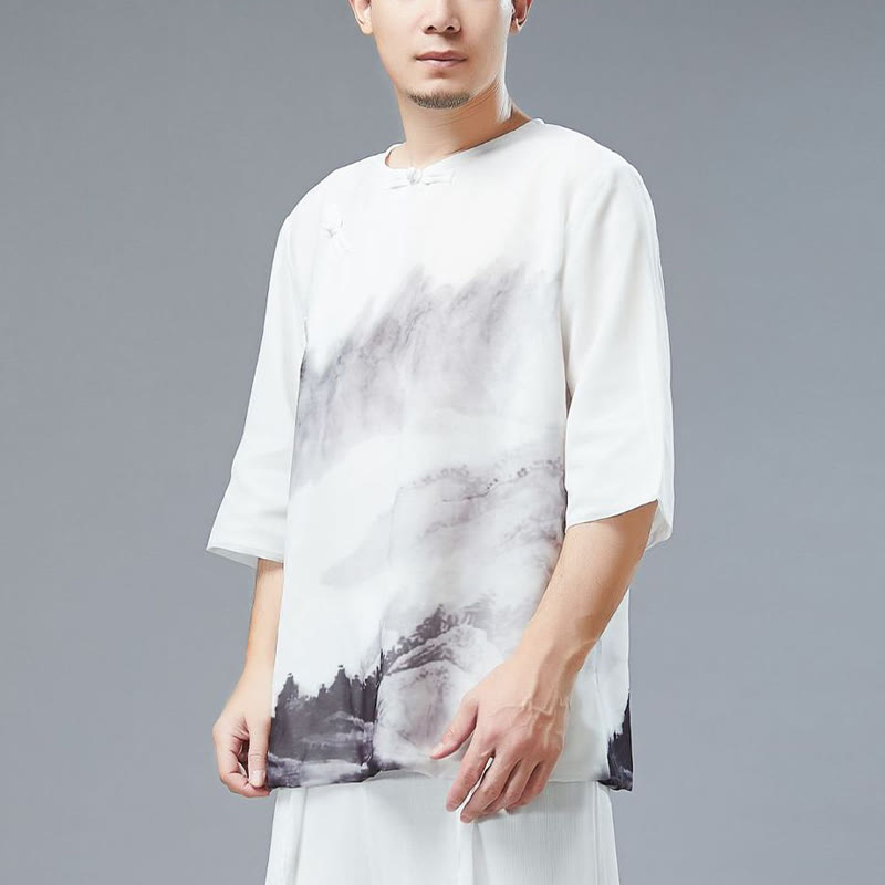 Buddha Stonesメンズ カエルボタン 山水画 半袖シャツ