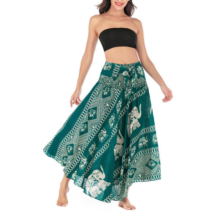 Buddha Stonesの2つのスタイルがボヘミアンな夏のエレファントラインのレースアップスカートドレスを着る