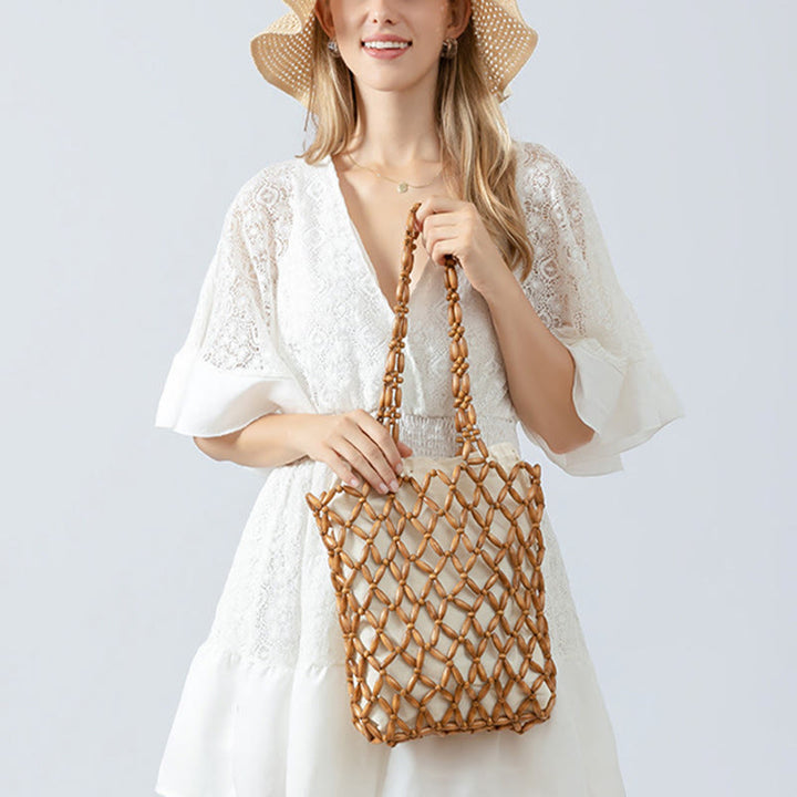 Buddha Stonesの手編み木製ビーズショルダーバッグハンドバッグ