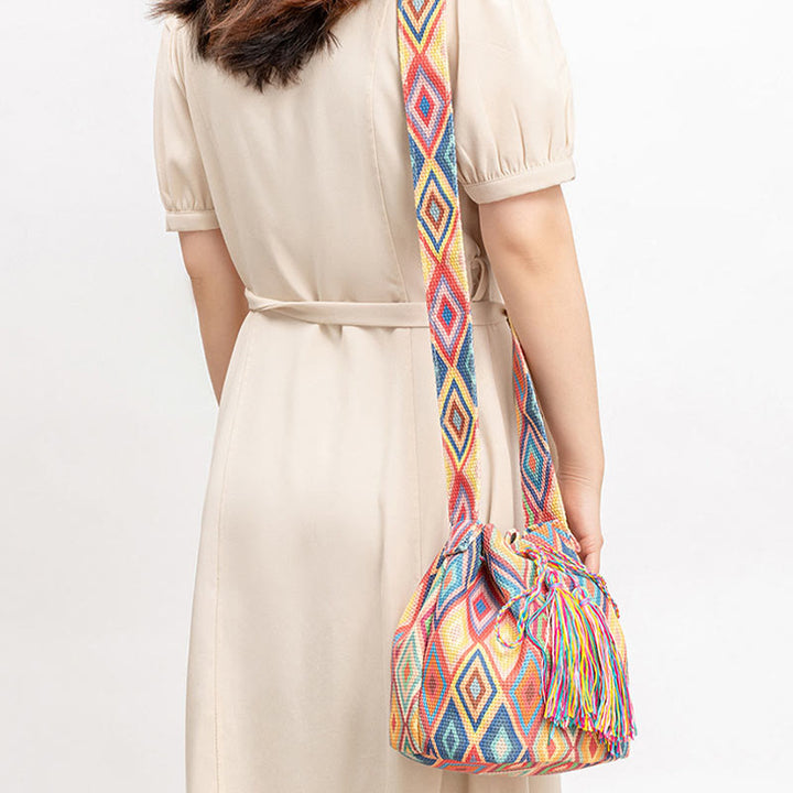 Buddha Stonesのカラフルな幾何学模様の花柄プリントキャンバスバケットクロスボディバッグショルダーバッグ