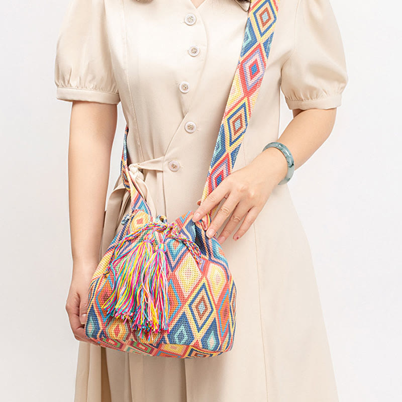 Buddha Stonesのカラフルな幾何学模様の花柄プリントキャンバスバケットクロスボディバッグショルダーバッグ