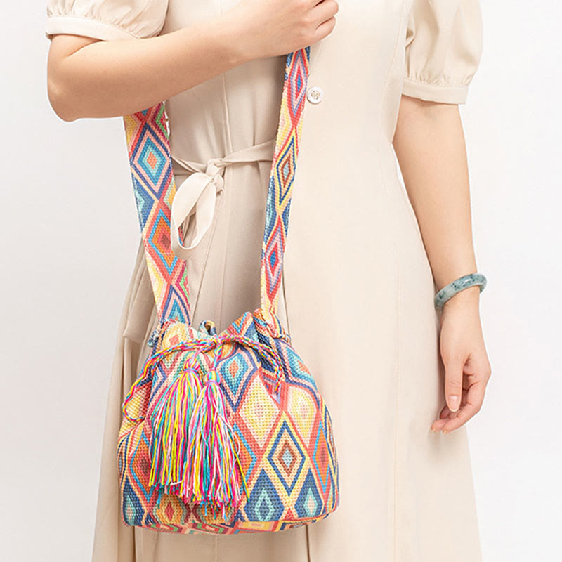 Buddha Stonesのカラフルな幾何学模様の花柄プリントキャンバスバケットクロスボディバッグショルダーバッグ