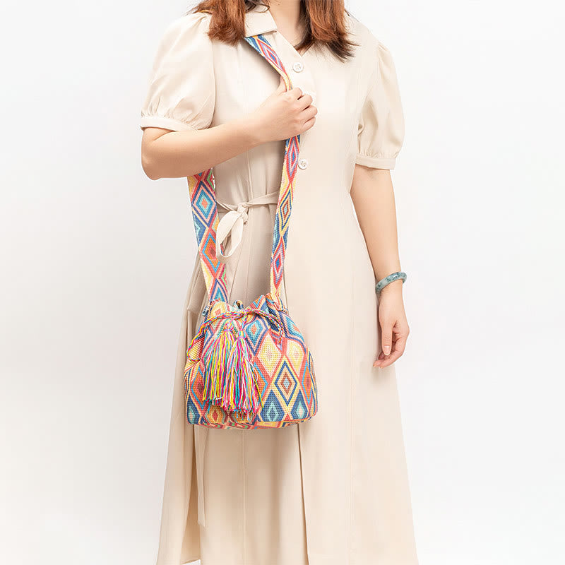 Buddha Stonesのカラフルな幾何学模様の花柄プリントキャンバスバケットクロスボディバッグショルダーバッグ