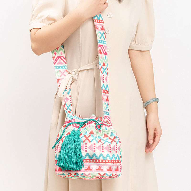 Buddha Stonesのカラフルな幾何学模様の花柄プリントキャンバスバケットクロスボディバッグショルダーバッグ