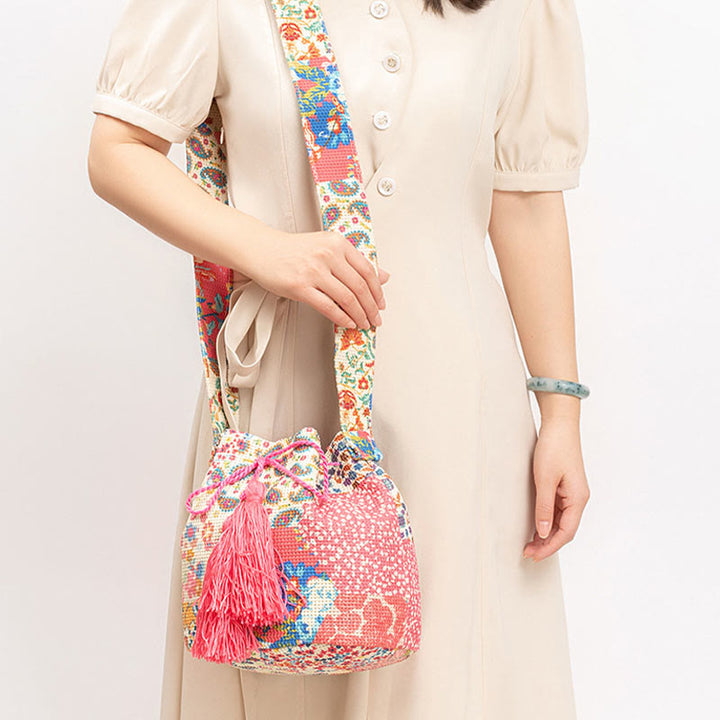 Buddha Stonesのカラフルな幾何学模様の花柄プリントキャンバスバケットクロスボディバッグショルダーバッグ