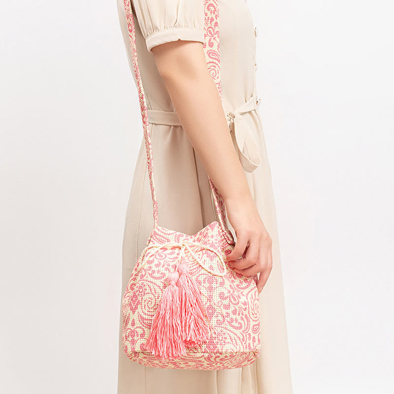 Buddha Stonesのカラフルな幾何学模様の花柄プリントキャンバスバケットクロスボディバッグショルダーバッグ