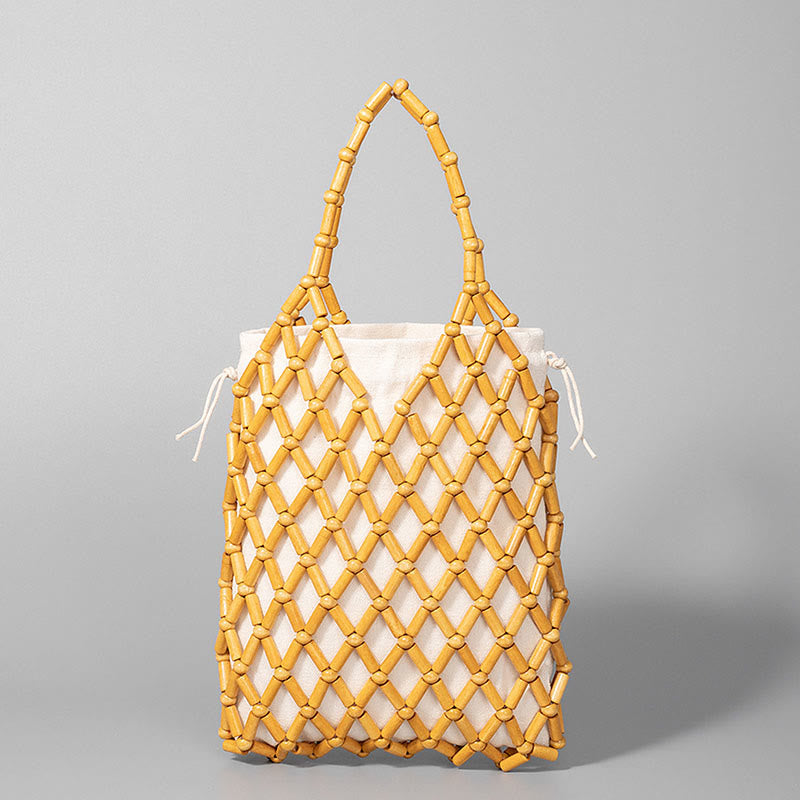 Buddha Stonesの手編みメッシュ中空木製ビーズハンドバッグ