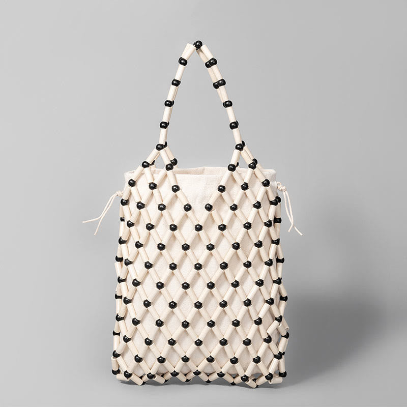 Buddha Stonesの手編みメッシュ中空木製ビーズハンドバッグ