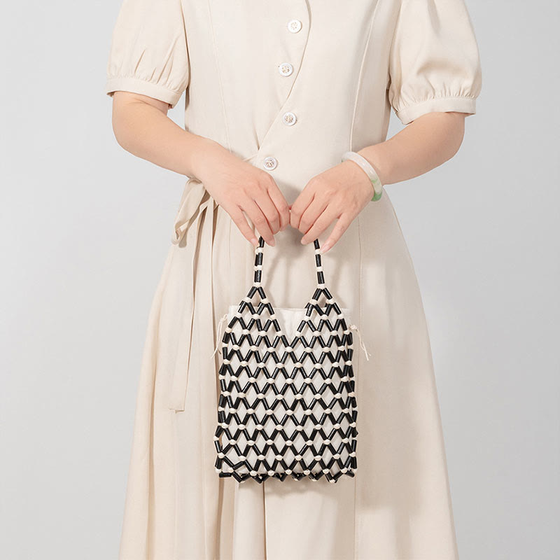 Buddha Stonesの手編みメッシュ中空木製ビーズハンドバッグ