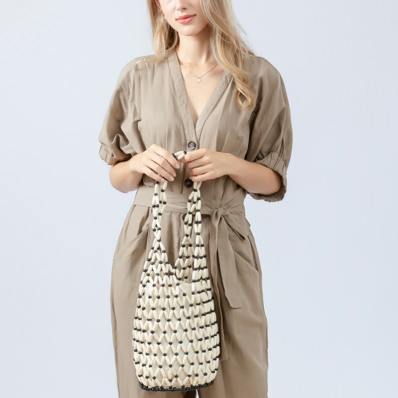 Buddha Stonesの手編み木製ビーズバケットショルダーバッグハンドバッグ