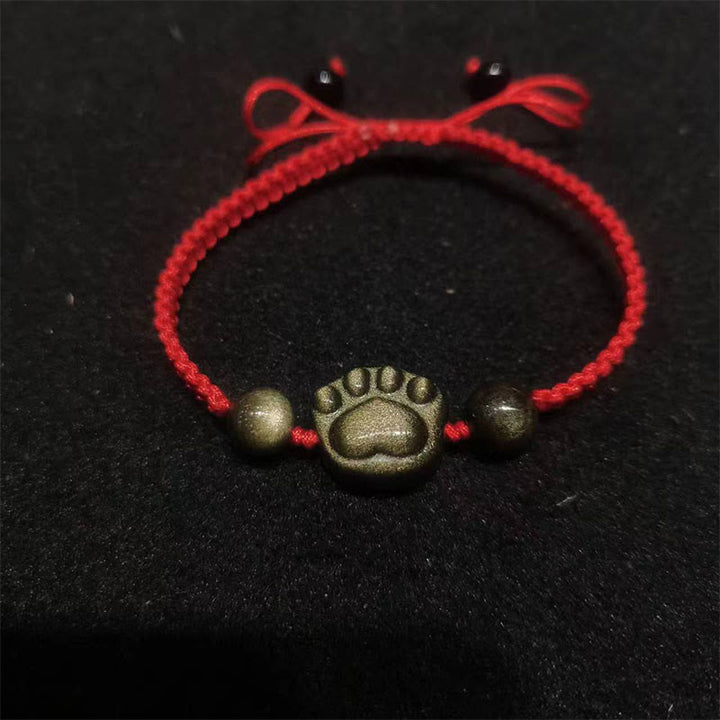 Buddha Stones天然銀光沢黒曜石 金光沢黒曜石 猫の爪 癒しの編み込みブレスレット - ゴールドシーンオブシディアン(手首周り:15~17cm) - 猫の爪の赤紐 - image 5