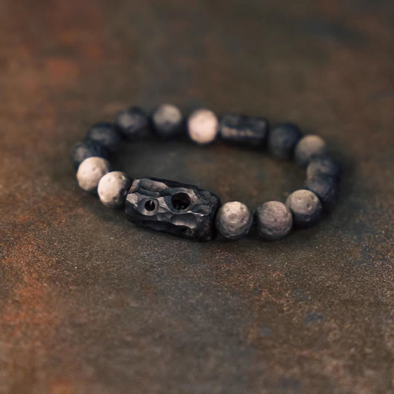 Buddha Stonesシルバーシーンオブシディアンエボニーウッドスージングブレスレット